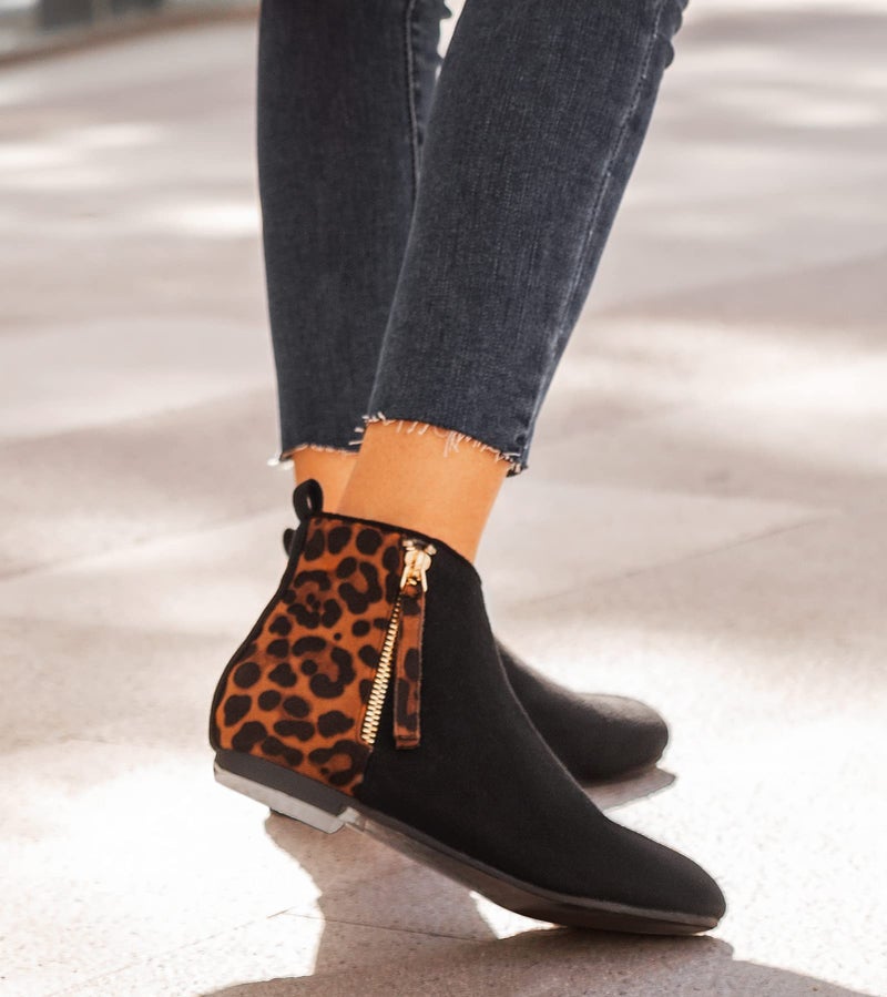 MaxMuxun Women's Ankle Boots Flat Low Heel Booties Ladies Quilted Fall Winter Fashion Boots with Side Zipper Leopard Faux Suede Size 6.5 - Image 3